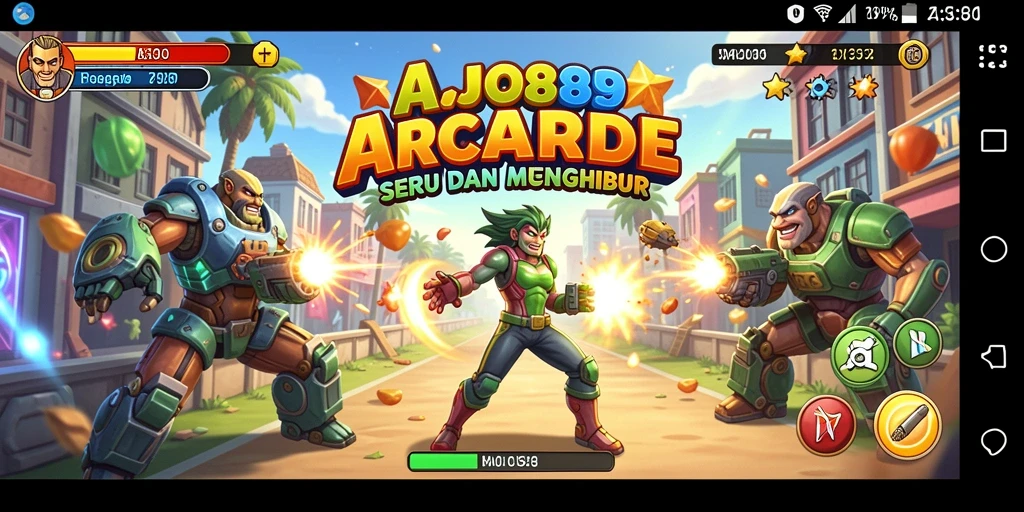 Screenshot utama AJO89 menampilkan gameplay Arcade yang penuh aksi dan tantangan.