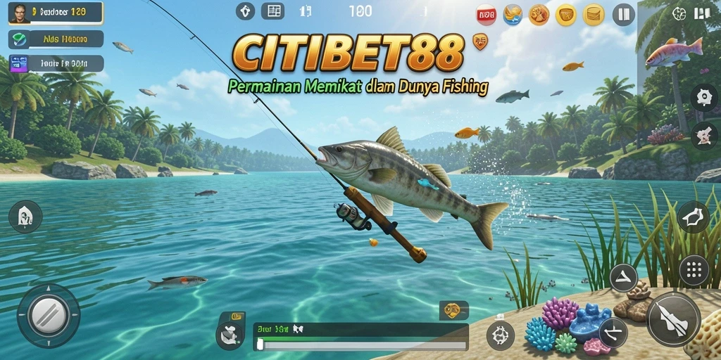 Screenshot CITIBET88 menampilkan aksi seru menangkap ikan di perairan indah.