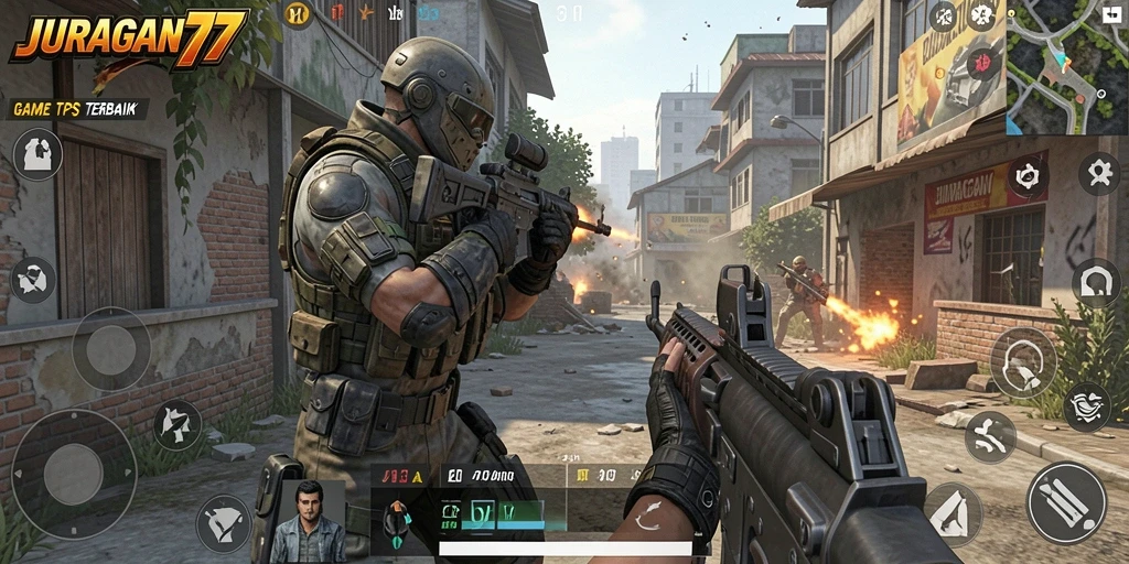 Tampilan gameplay seru dalam JURAGAN77 dengan aksi tembak-menembak.