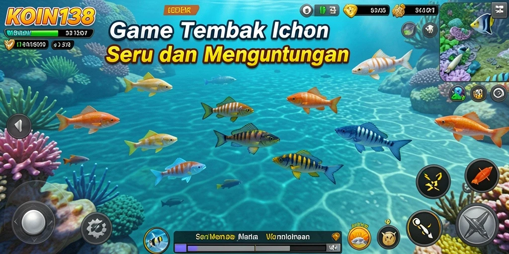 Screenshot gameplay KOIN138 dengan berbagai ikan yang siap ditembak.