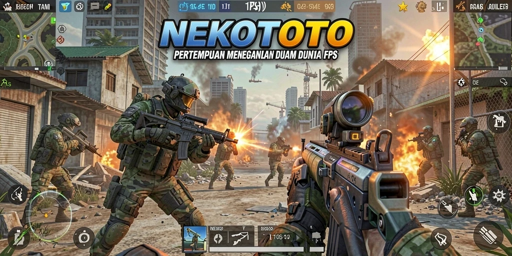 Tampilan gameplay seru dalam pertempuran FPS NEKOTOTO.