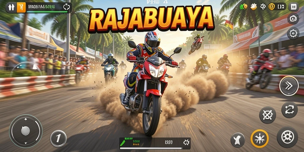 Screenshot utama RAJABUAYA menampilkan aksi balapan motor yang mendebarkan.