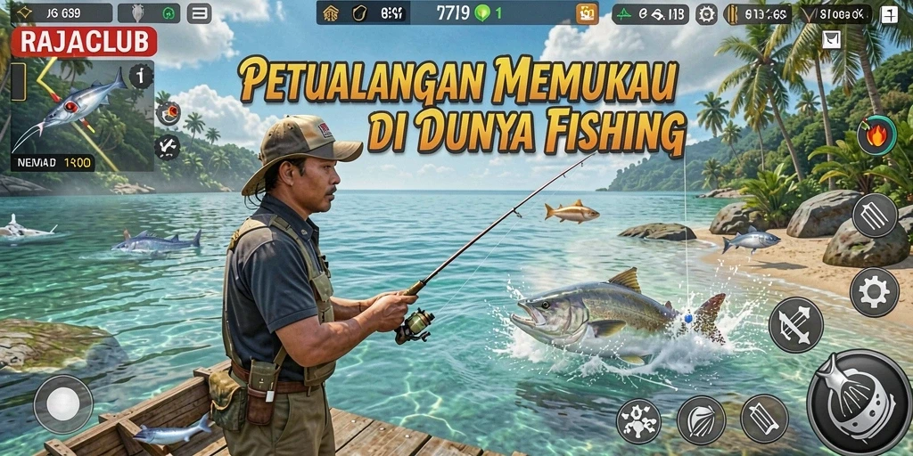 Tangkapan ikonik dari gameplay memancing di RAJACLUB.