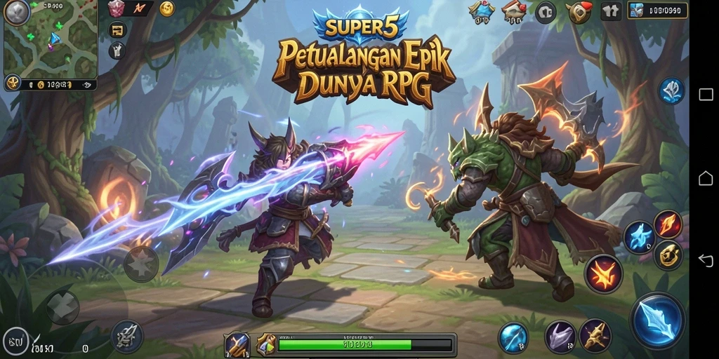 Gameplay SUPER5 yang menampilkan petualangan RPG seru dan mendebarkan.