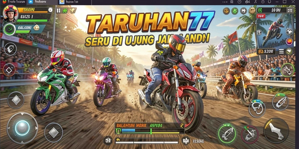 Tangkapan layar TARUHAN77 menampilkan aksi balapan motor yang mendebarkan.